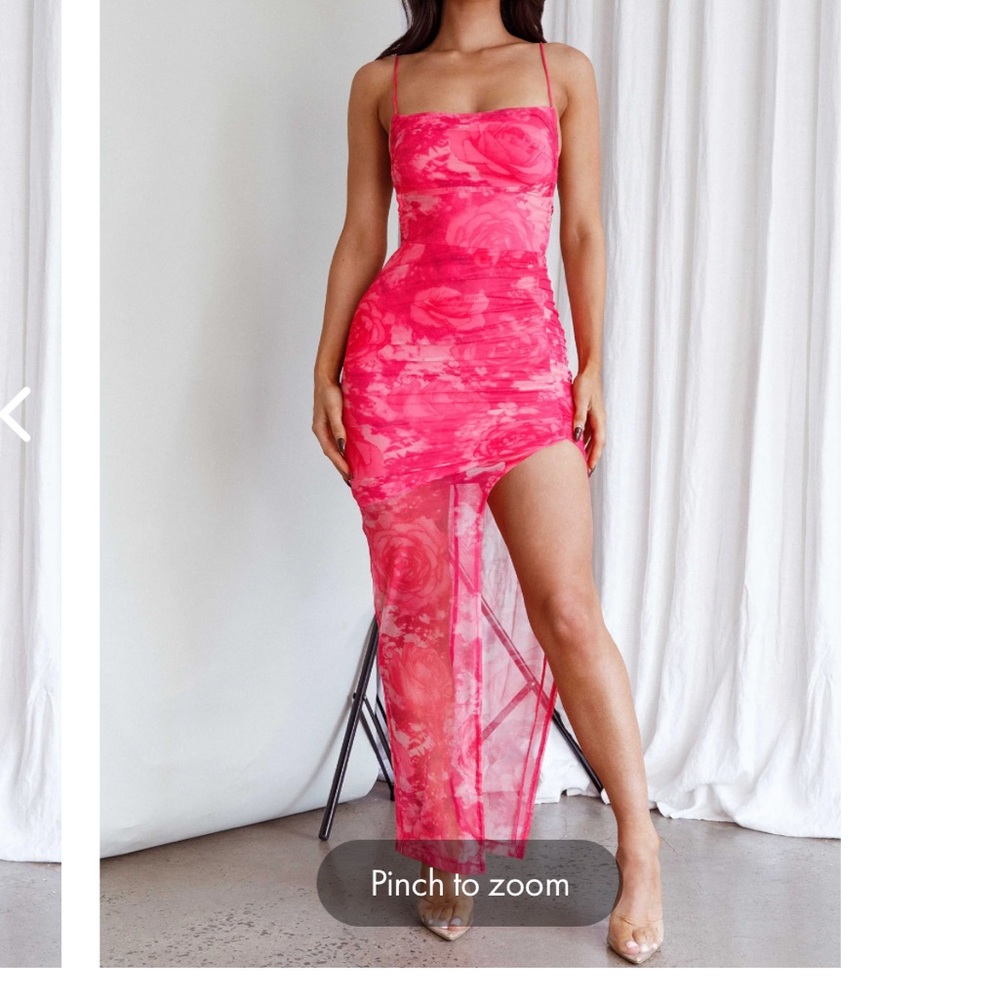 Backless midi wedding guest pink floral dress